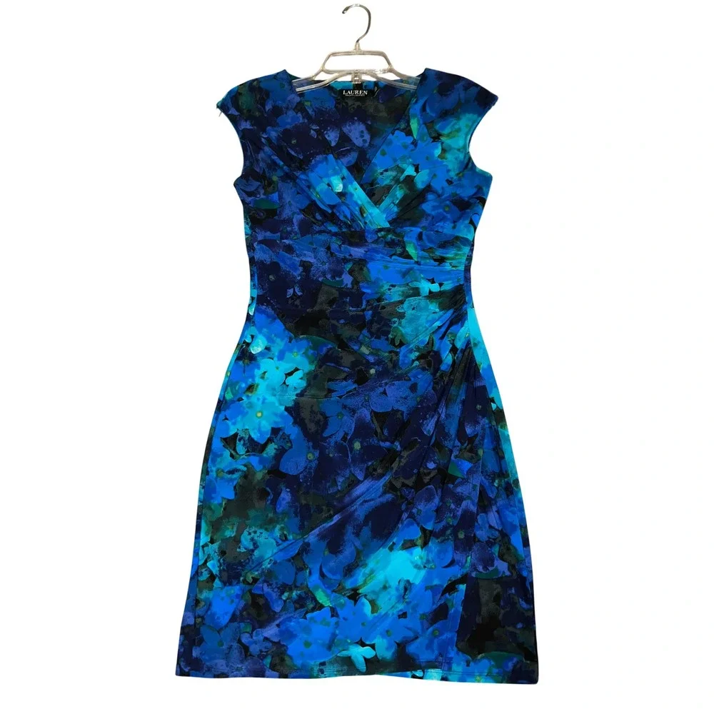 Lauren Ralph Lauren Blue Floral Watercolor Ruched V-Neck Sheath Dress Size 4 - Picture 6 of 8